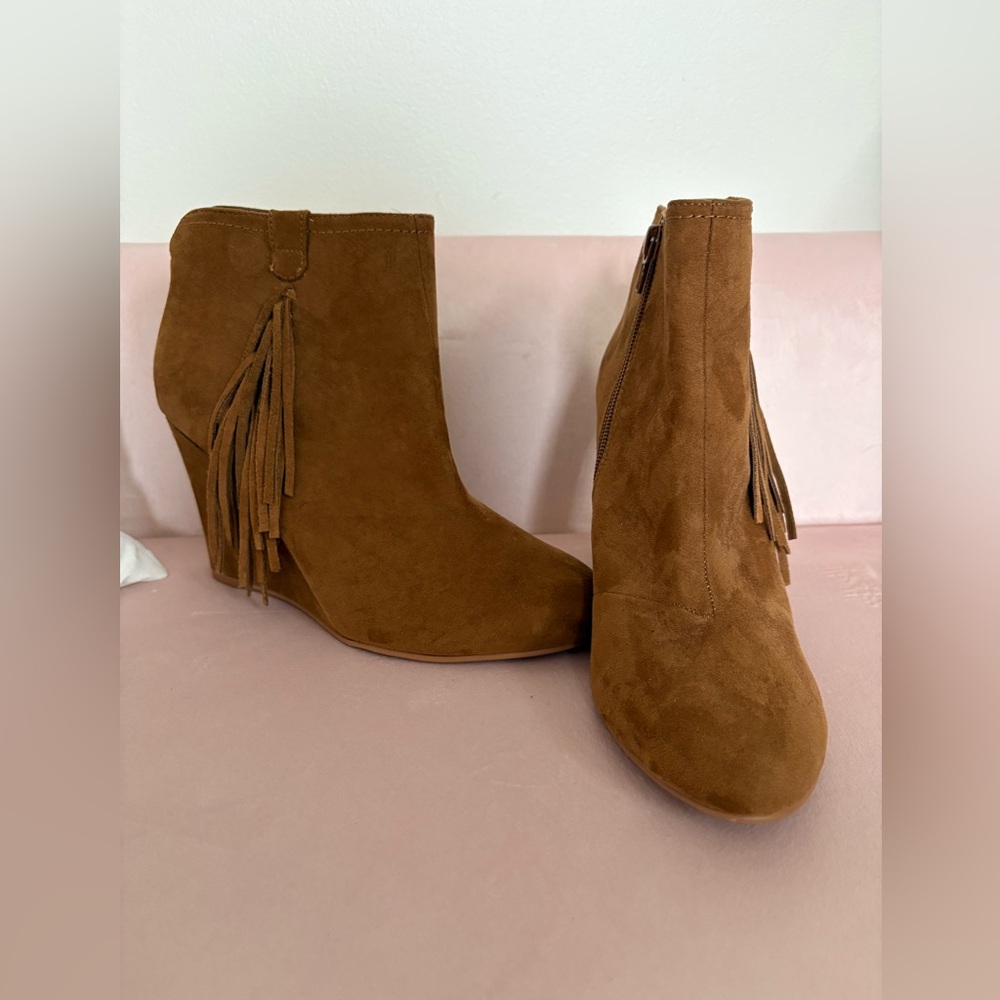 MIA Brown Suede Fringe Wedge Bootie - brand new size 9